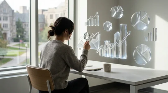 Student examining placement rate charts and statistics with analytical tools