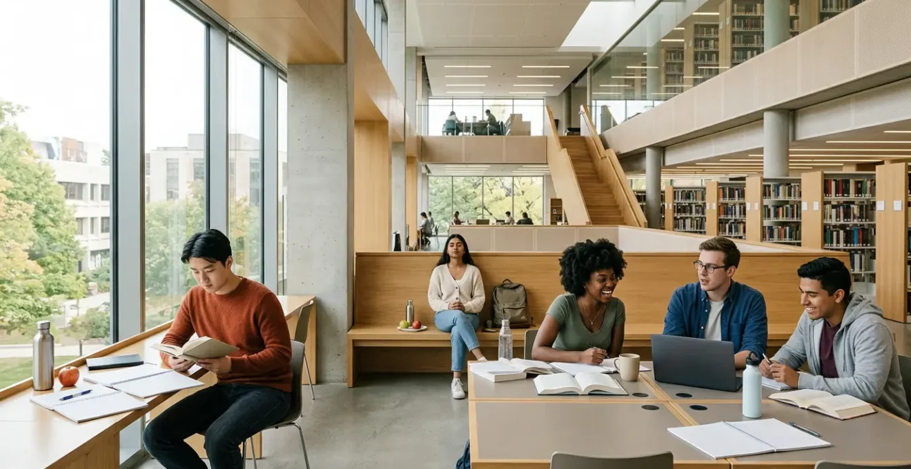 A diverse group of college students in a sunlit campus library, balancing study materials, health items, and social connections