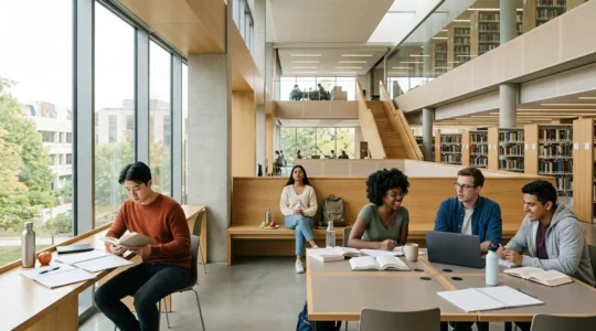 A diverse group of college students in a sunlit campus library, balancing study materials, health items, and social connections