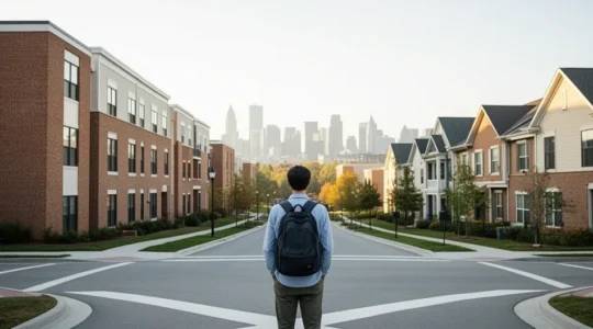 College student standing at crossroads between campus and city skyline with housing options