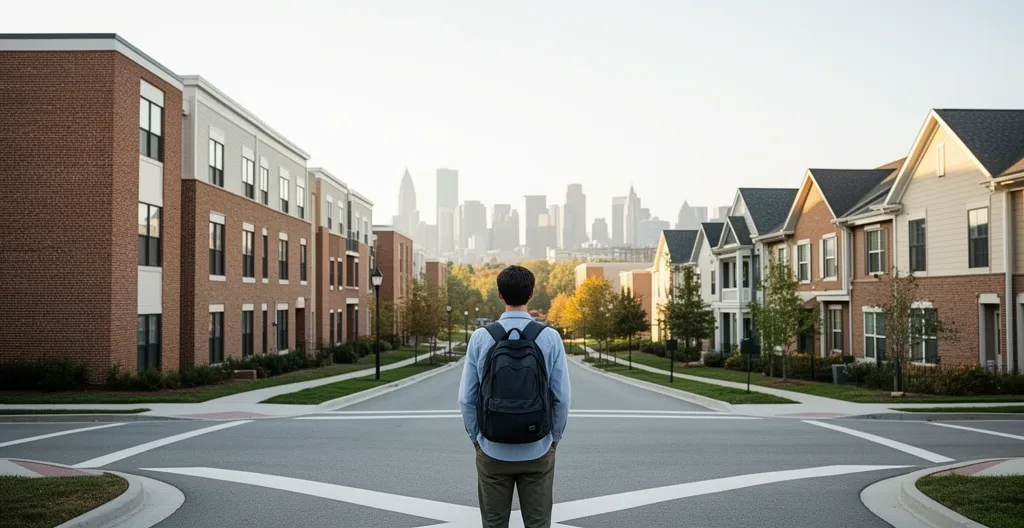 College student standing at crossroads between campus and city skyline with housing options