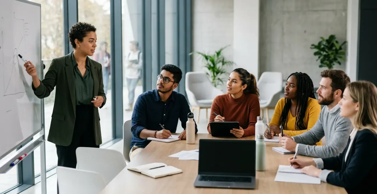 Students in professional attire conducting a leadership meeting in a modern university setting
