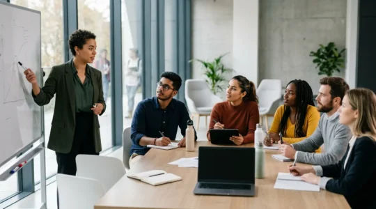 Students in professional attire conducting a leadership meeting in a modern university setting