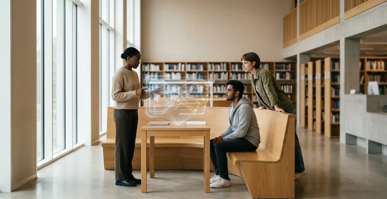 Students examining course catalogs with career pathways displayed as interconnected roads leading to professional buildings