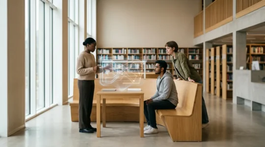 Students examining course catalogs with career pathways displayed as interconnected roads leading to professional buildings