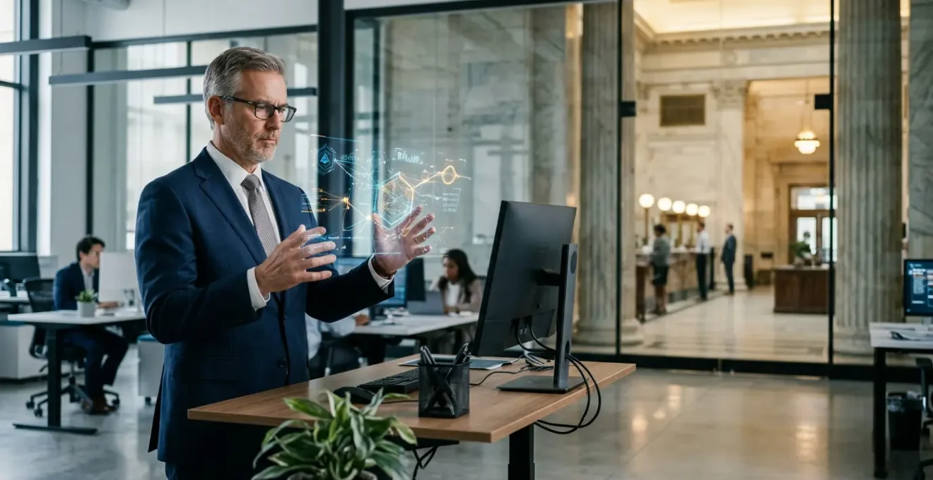 Senior banker in modern office reviewing fintech analytics on multiple screens