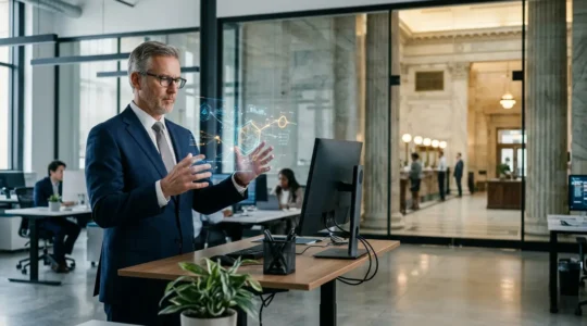Senior banker in modern office reviewing fintech analytics on multiple screens