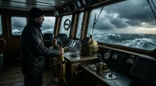 Leader navigating through stormy VUCA environment with strategic compass