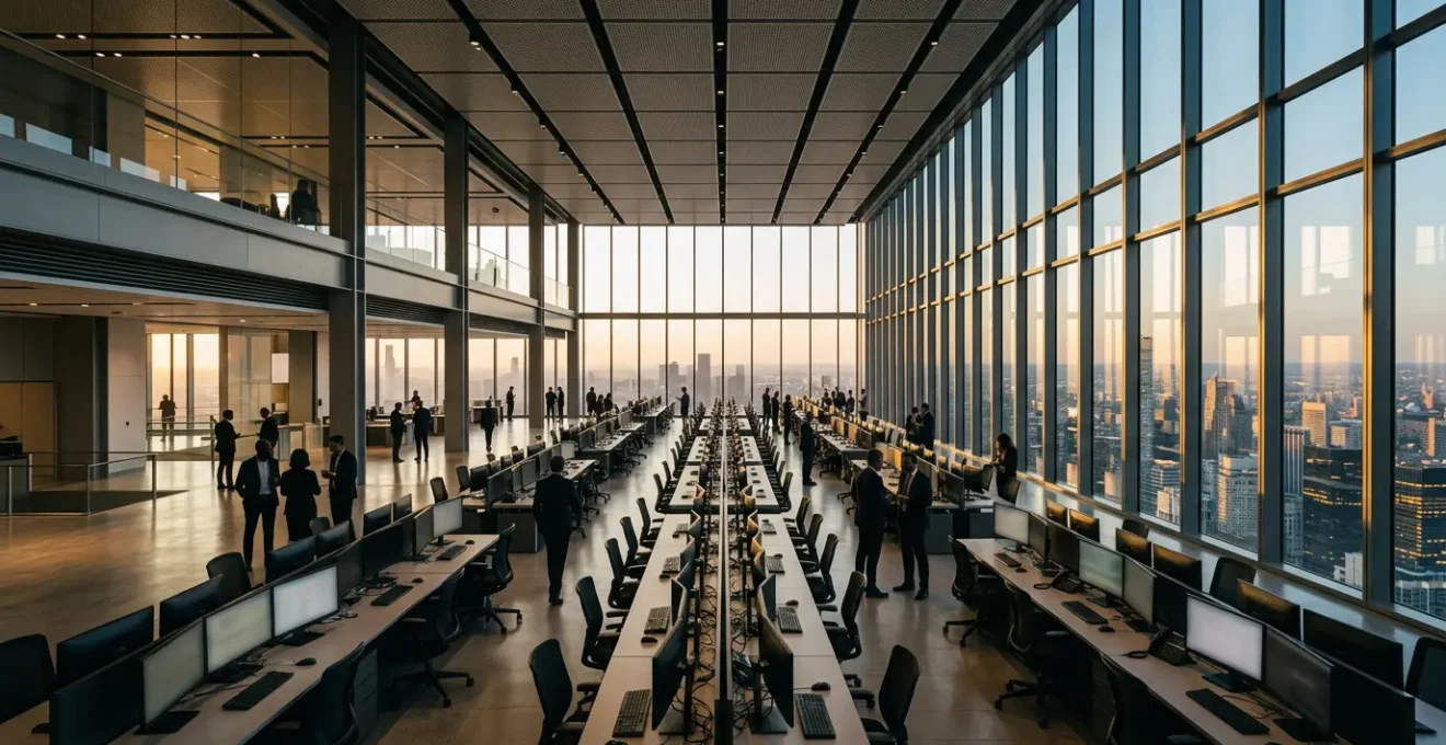 Professional traders working on modern trading floor with multiple monitors