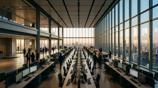 Professional traders working on modern trading floor with multiple monitors