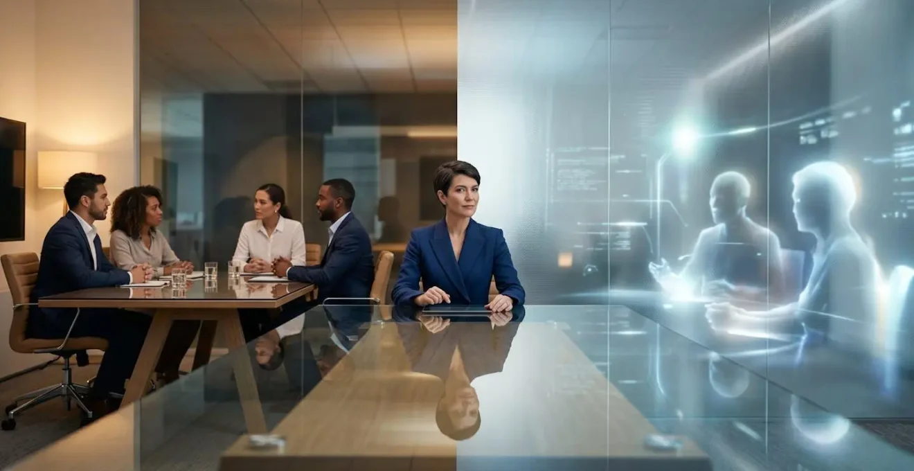 Leader facilitating hybrid team meeting with diverse digital and in-person participants