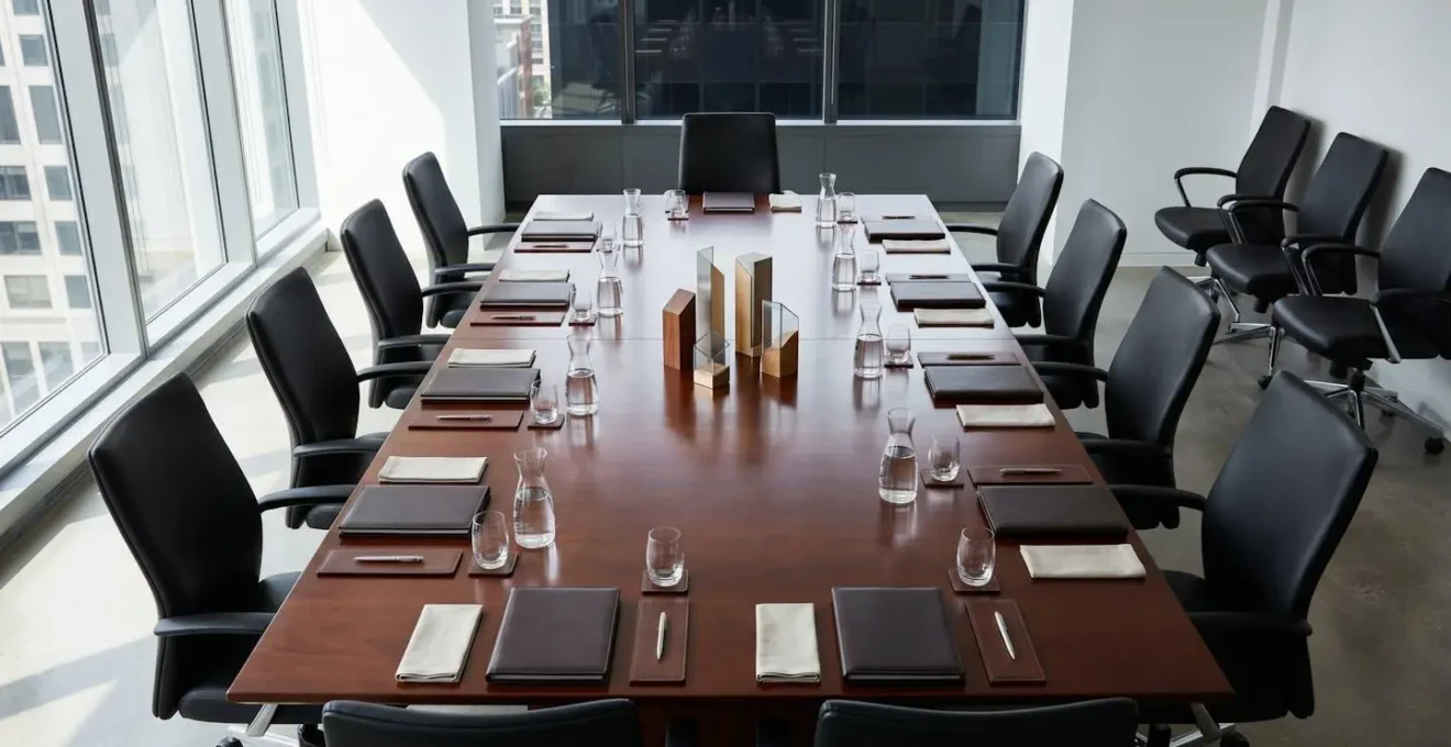 Wide aerial view of an executive boardroom with presentation materials arranged on the table