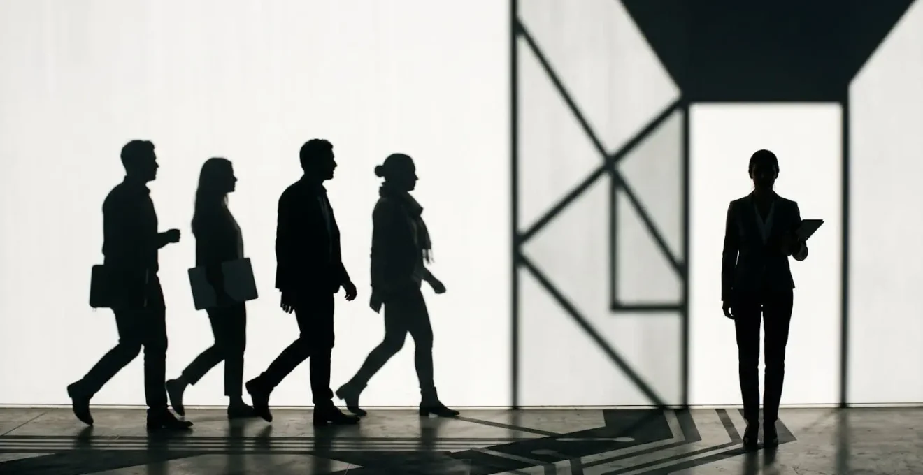Abstract visualization of AI bias patterns in a recruitment process, showing silhouettes separated by light barriers