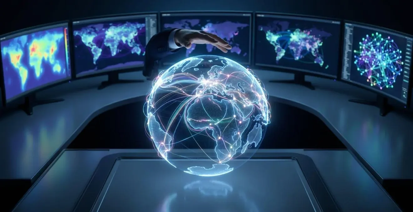 Satellite imagery analysis showing global supply chain network visualization