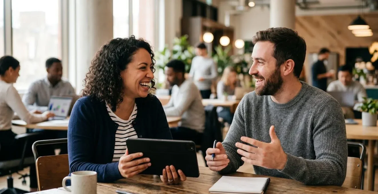 A network of interconnected professionals engaged in conversation in a modern office environment, symbolizing the power of an alumni network.