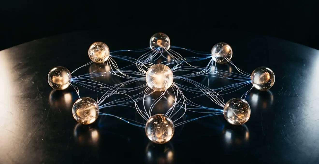 Abstract network of interconnected light nodes on a dark background, representing the structure of distributed team connections and trust.