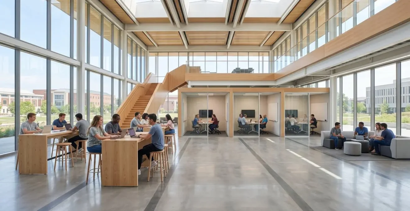 University entrepreneurship ecosystem with incubator, mentorship spaces, and student collaboration areas