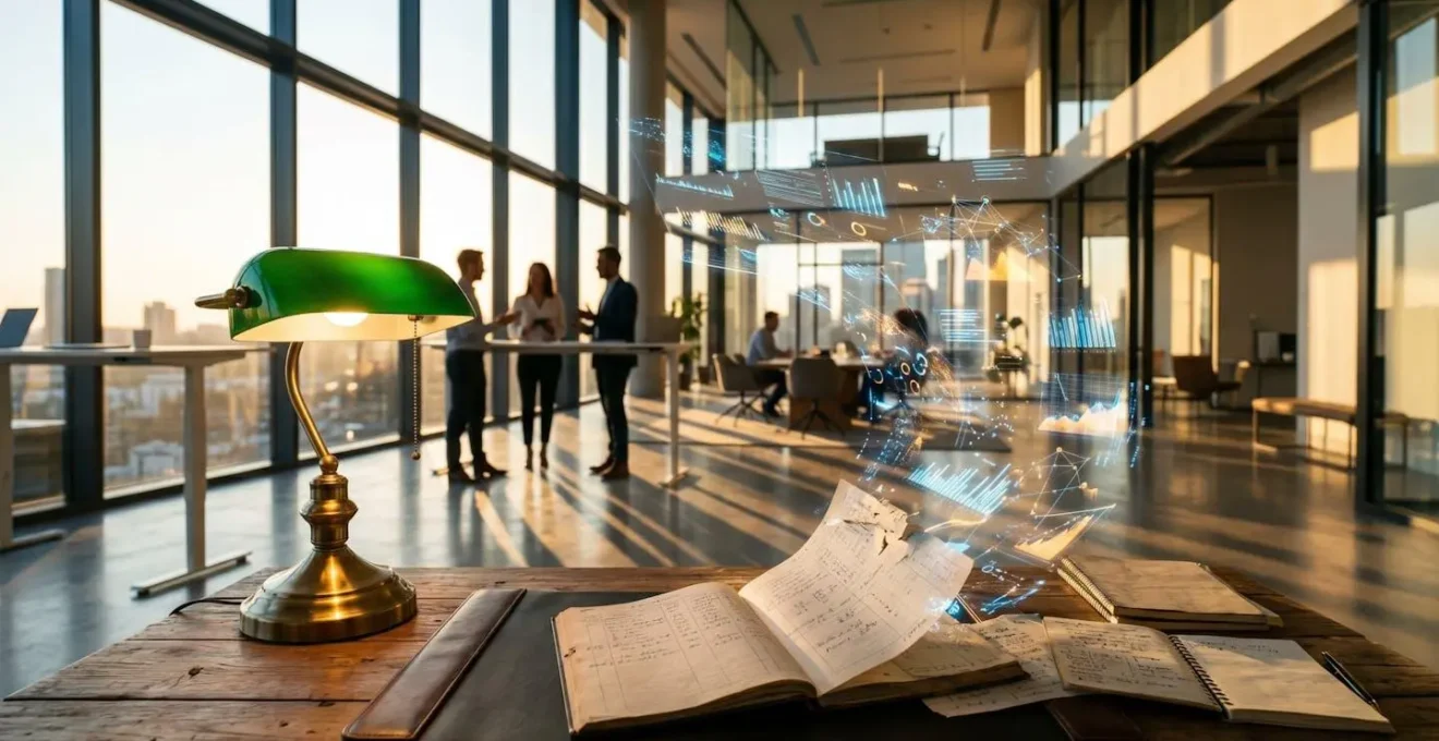 Professional workspace showing evolution from traditional to digital banking tools