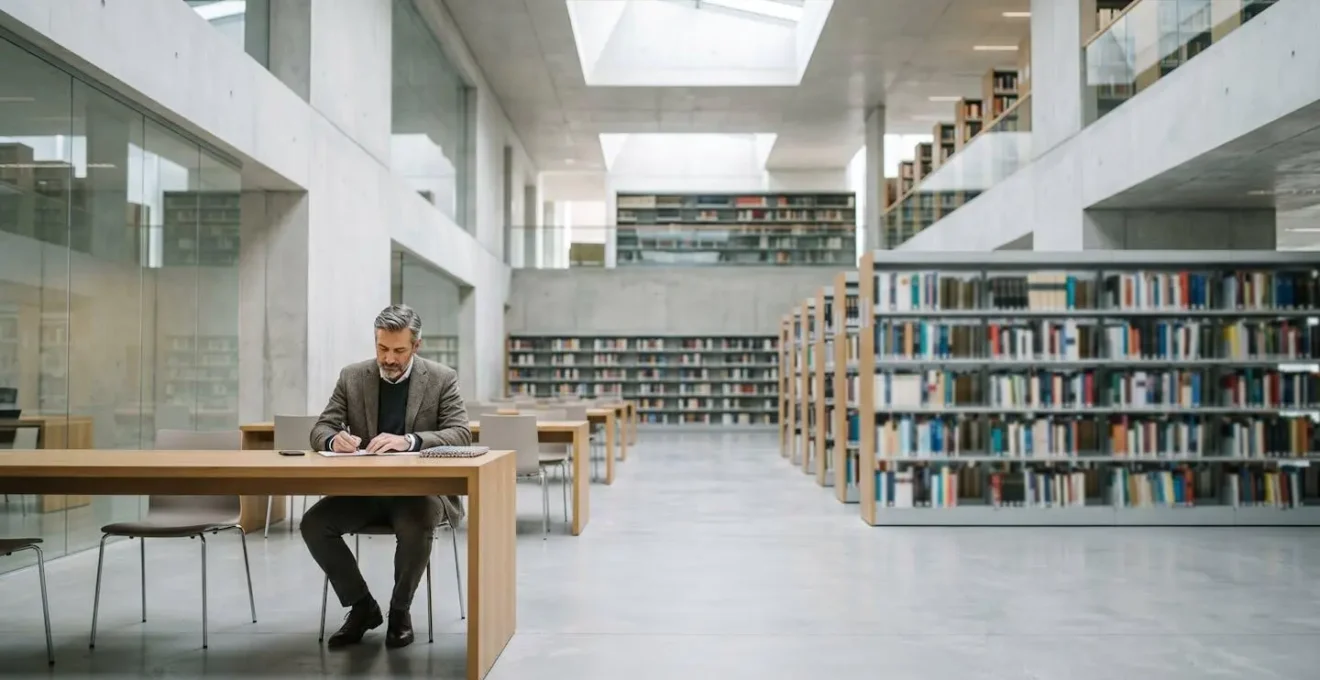 Executive engaged in doctoral research surrounded by academic resources