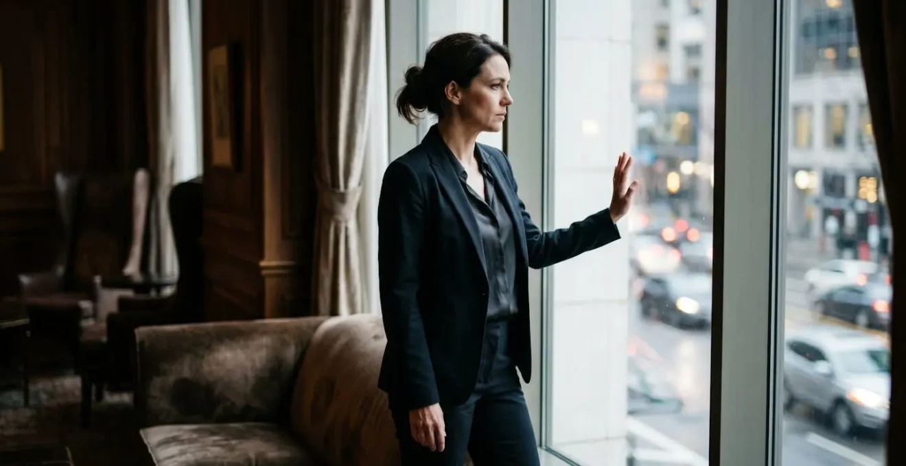 A professional stands in a luxurious but confining office, contemplating the dynamic city outside, symbolizing the career comfort trap.