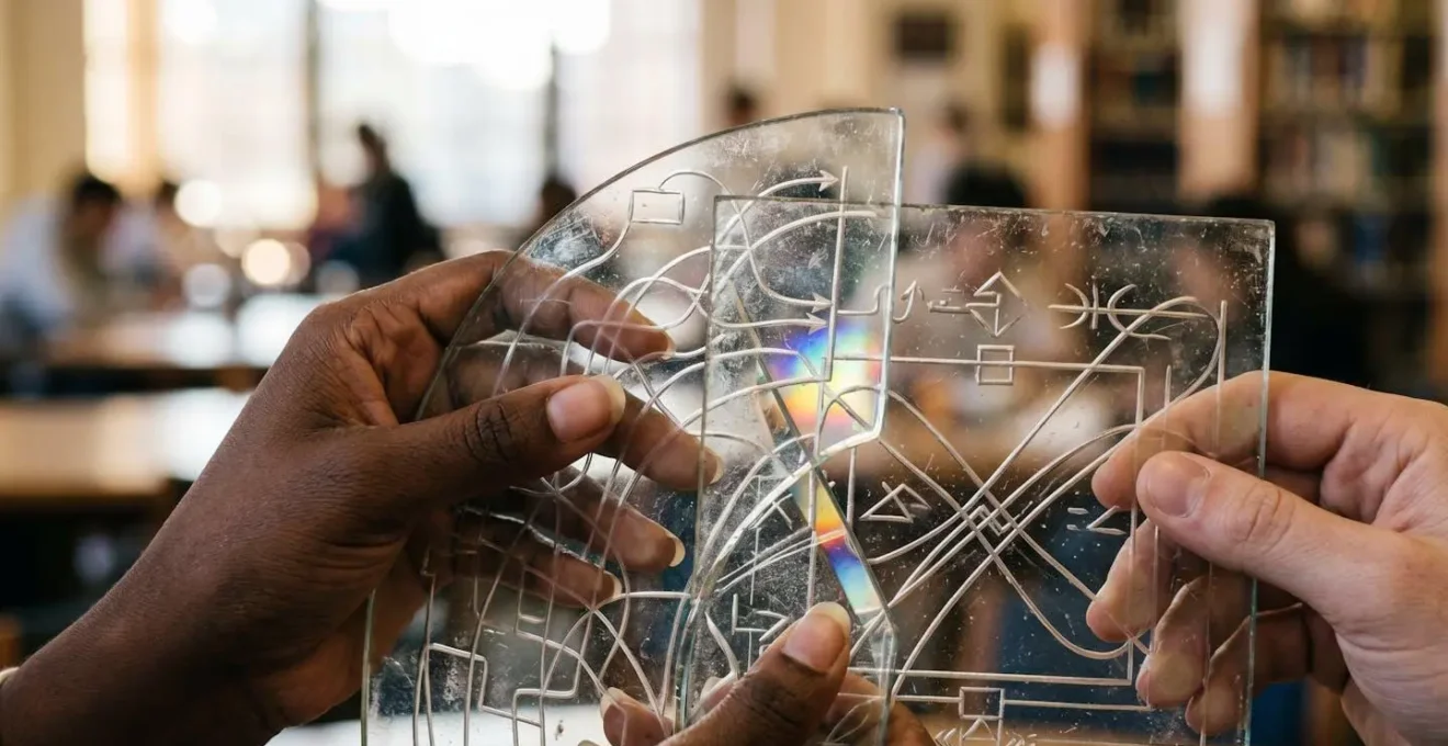 Hands arranging behavioral psychology frameworks on translucent glass boards with connecting lines and patterns