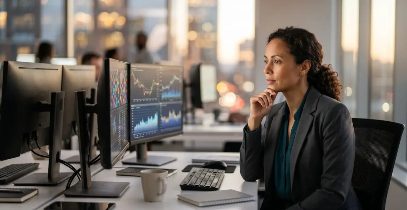 Investor analyzing market opportunities calmly during a market downturn at a modern trading desk.