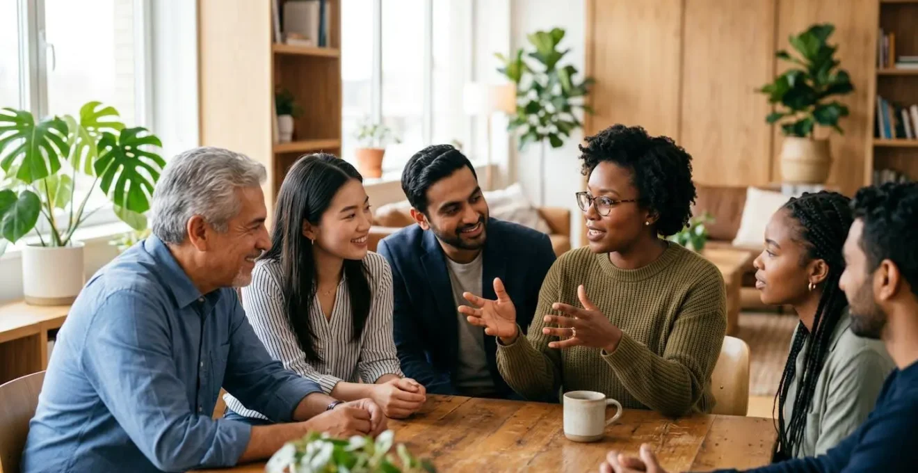 Diverse team members in a circular arrangement sharing knowledge through gesture and interaction in a bright, modern workspace.
