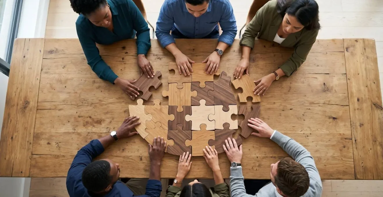 Diverse team members connecting puzzle pieces in a modern workspace