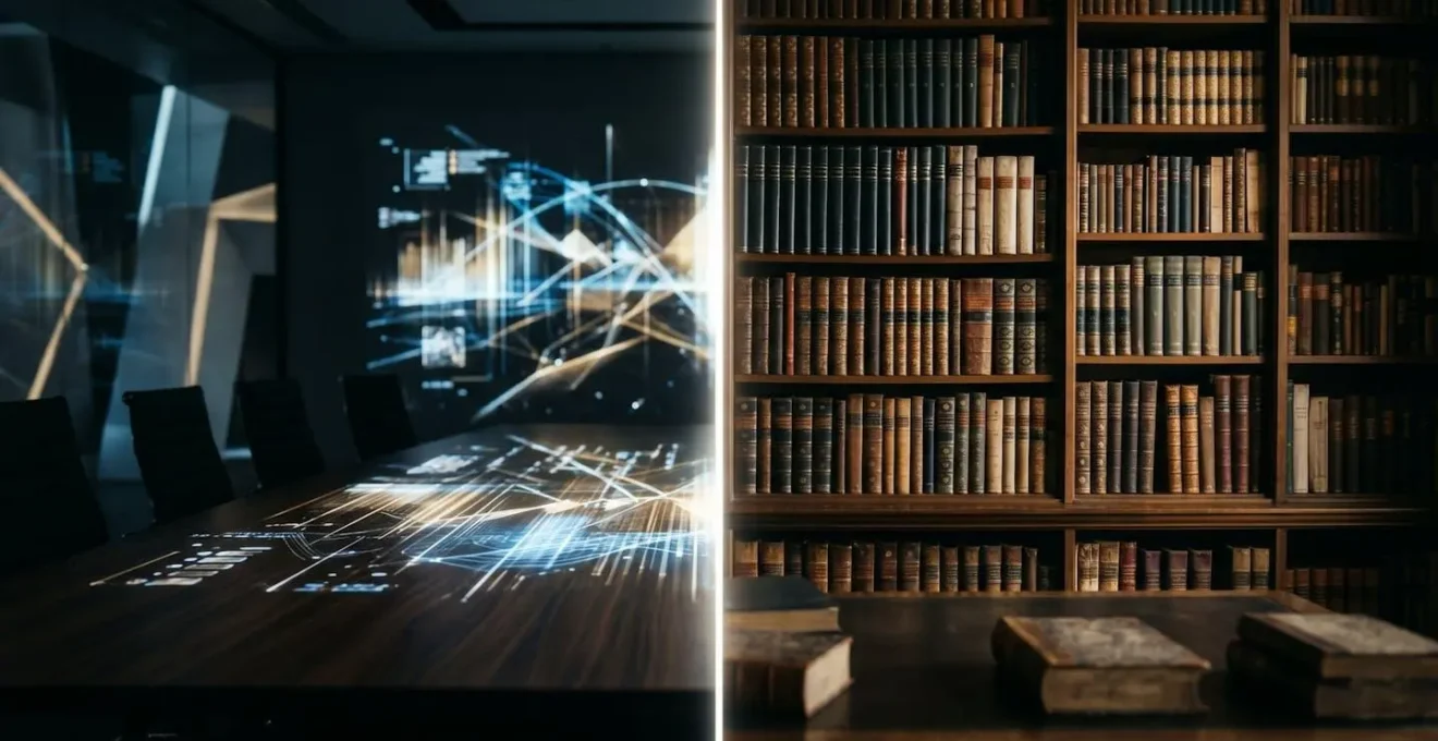 Split composition showing practical business application versus theoretical research
