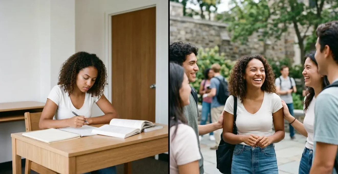 Student transitioning from focused study to social interaction in different campus spaces