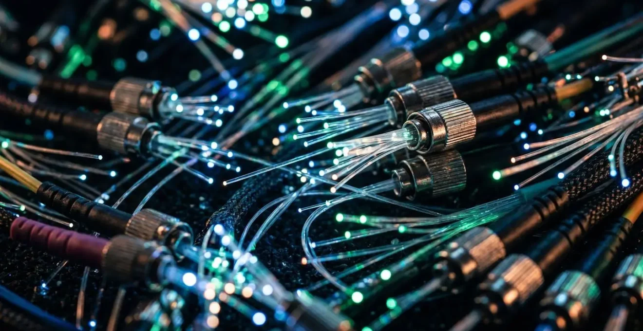 Extreme close-up of interconnected fiber optic cables creating abstract patterns of light, representing a complex digital ecosystem.