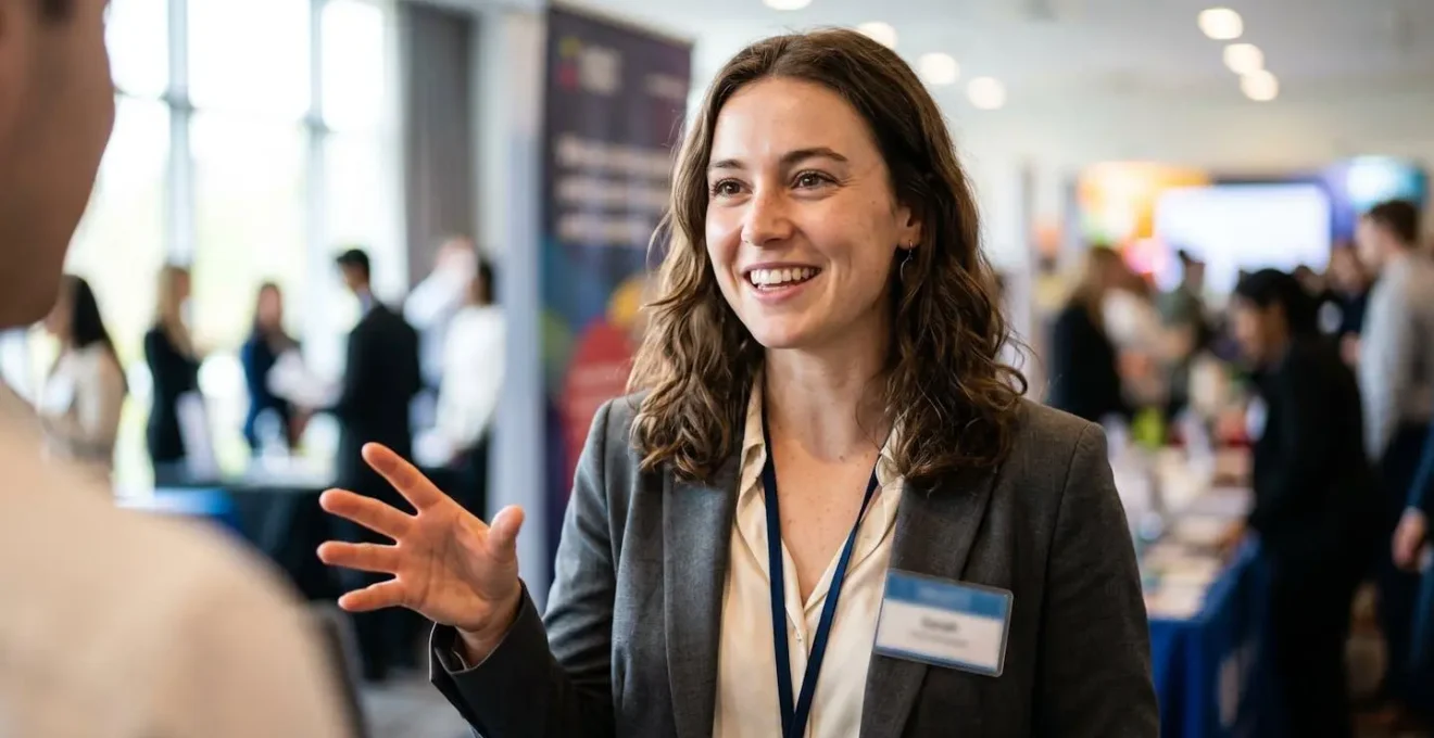 A young professional is captured mid-pitch, making confident eye contact with a genuine smile in a softly lit, professional setting.