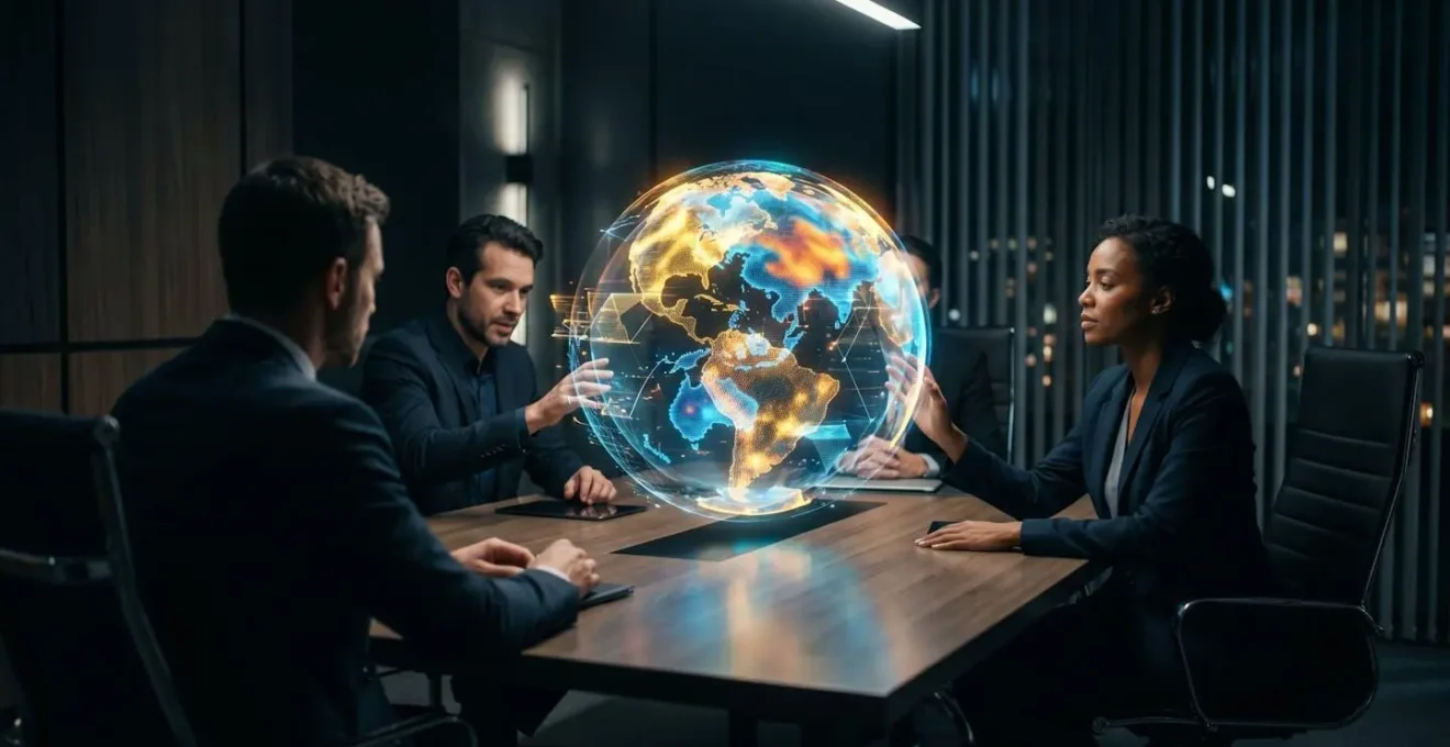 Business professionals analyzing emerging market data with holographic globe projection