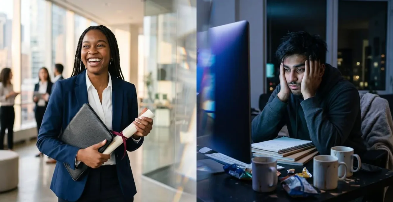 Split scene showing graduate with degree celebrating versus struggling dropout entrepreneur