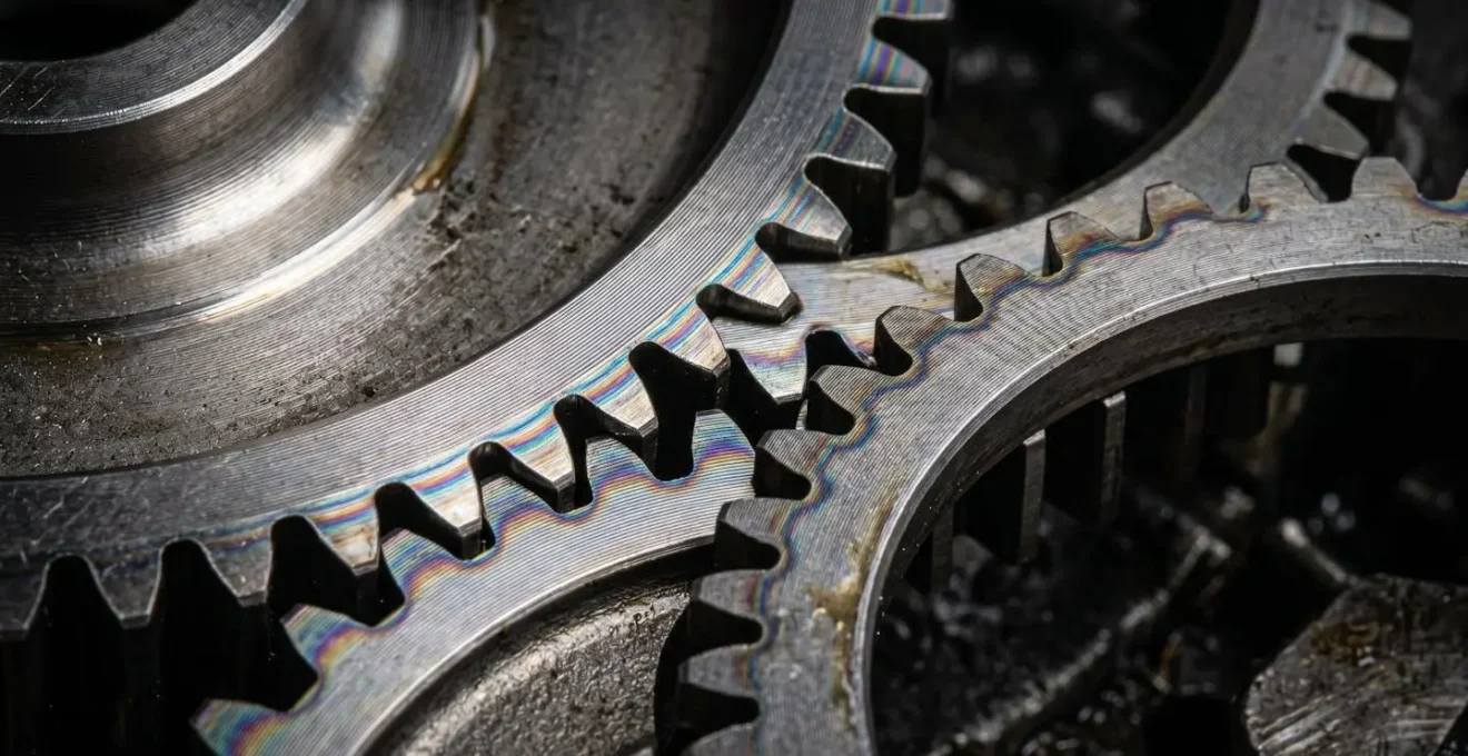 Close-up of precision mechanical gears in perfect synchronization