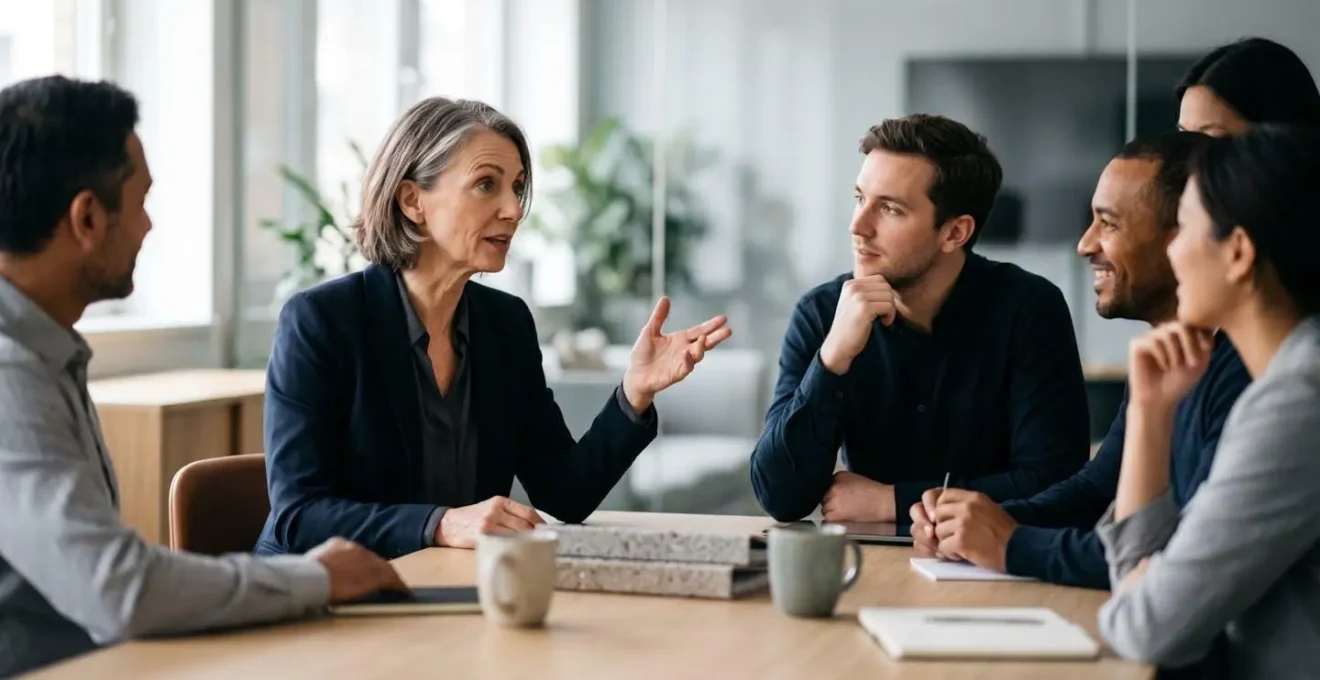 Senior executive facilitating strategic discussion in modern boardroom