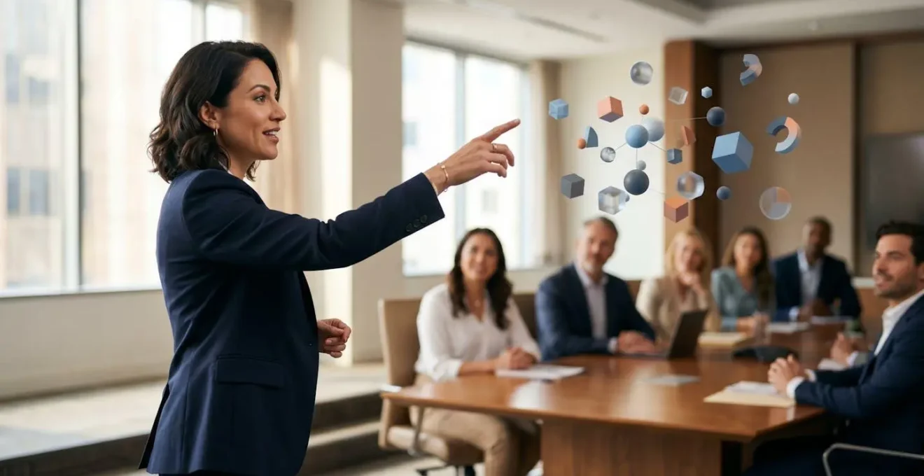 Professional presenting data insights to executives using visual storytelling techniques