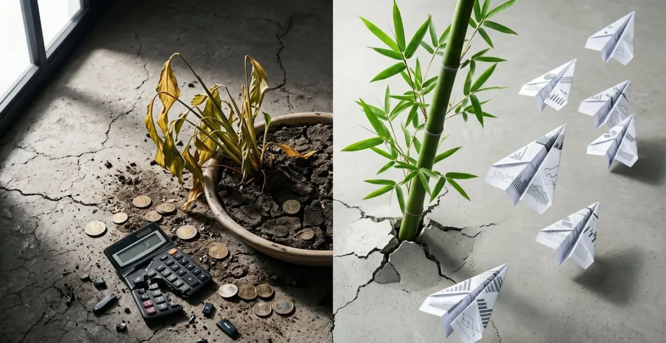 Split-screen visualization showing thriving vs struggling fintech startup metrics