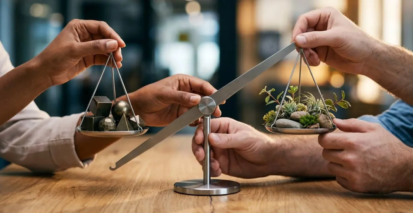 Close-up of hands balancing scales with symbolic elements representing different leadership approaches
