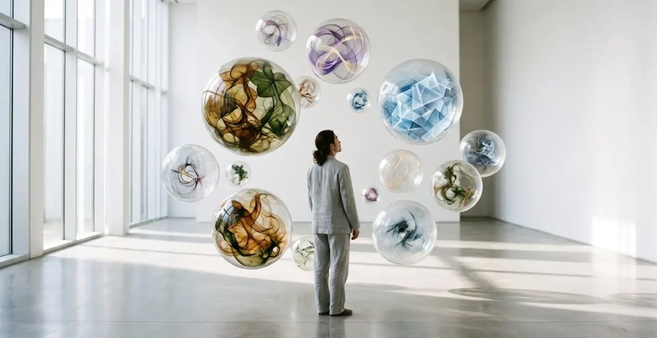 Multiple interconnected spheres representing diverse identity aspects beyond professional achievements