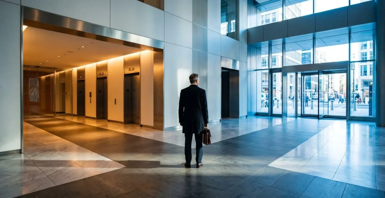 Diverging paths in a corporate lobby symbolizing the internal promotion versus external hire decision for a CEO.