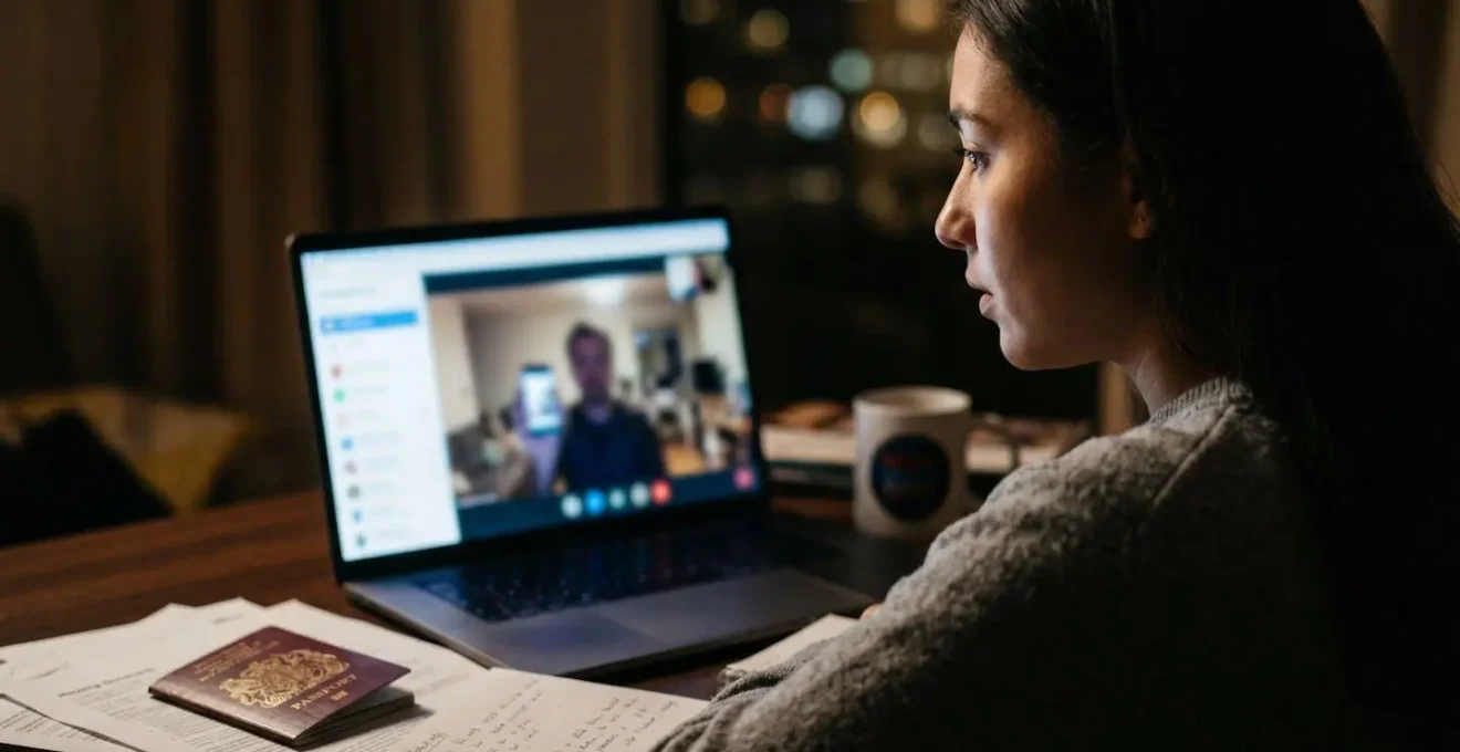 An international student on a laptop conducting a live video call to verify a potential apartment, a key step in avoiding rental scams.