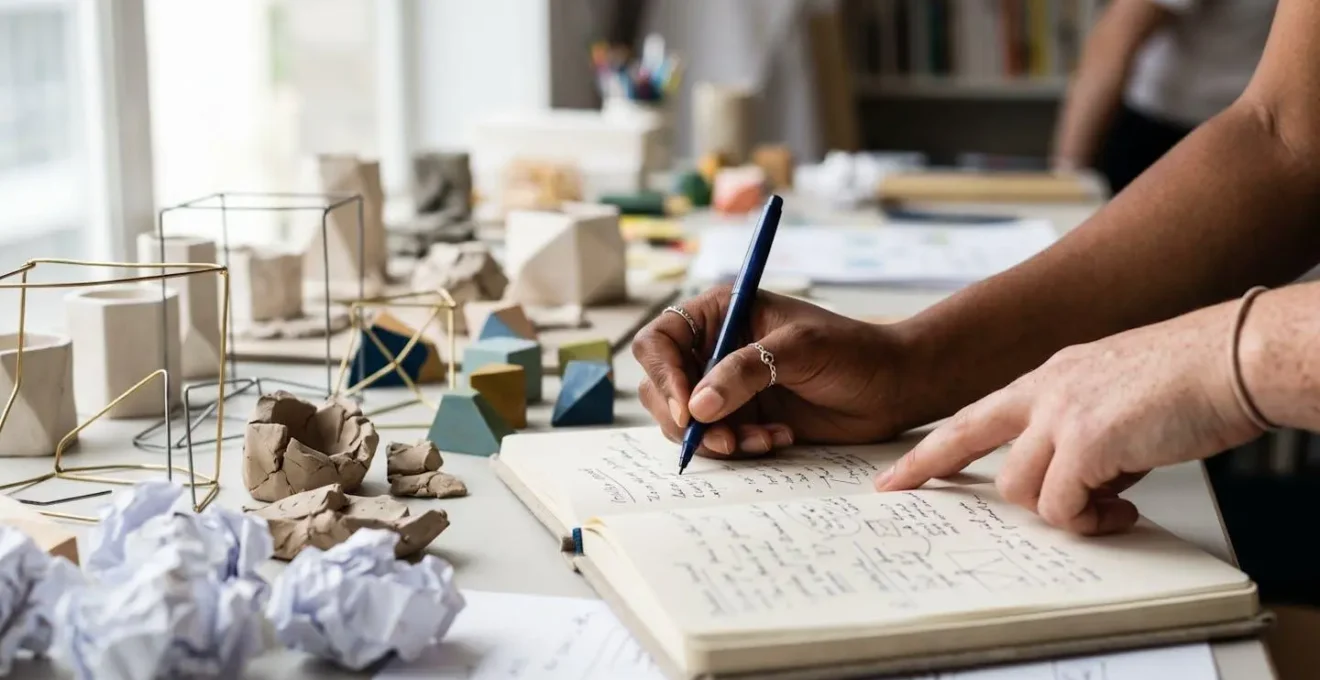 Close-up of hands sketching iteration notes in a journal next to failed and successful prototype versions