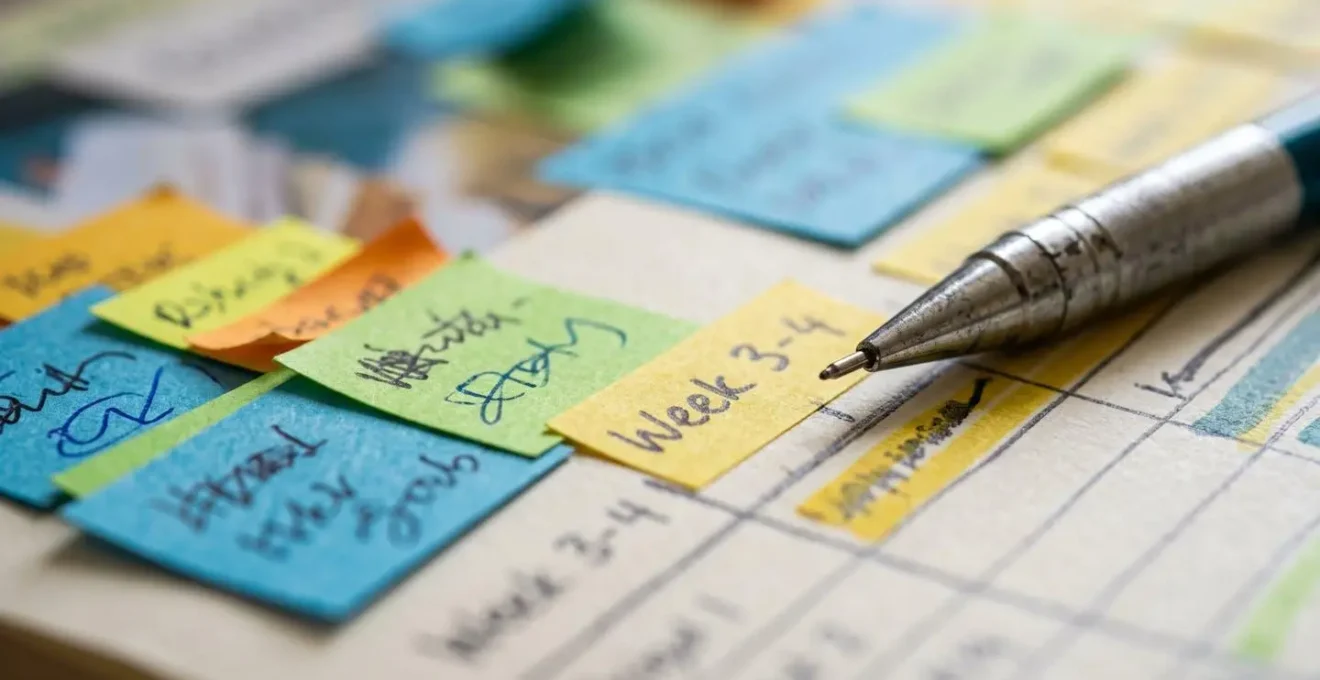 Extreme close-up of project timeline planning materials on a desk