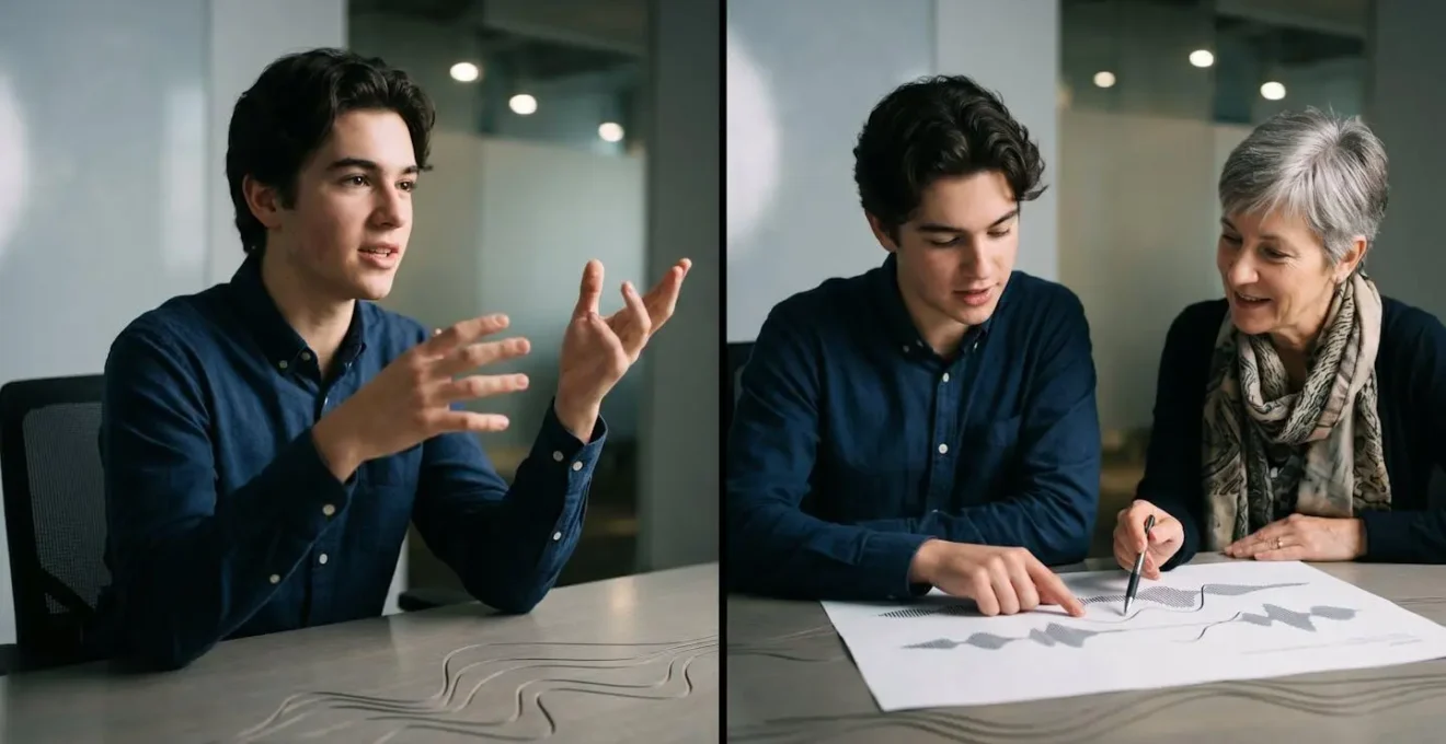Student reviewing recorded mock interview with career counselor analyzing body language
