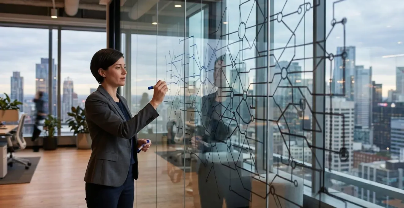 Professional mapping alumni connections on glass board with network visualization
