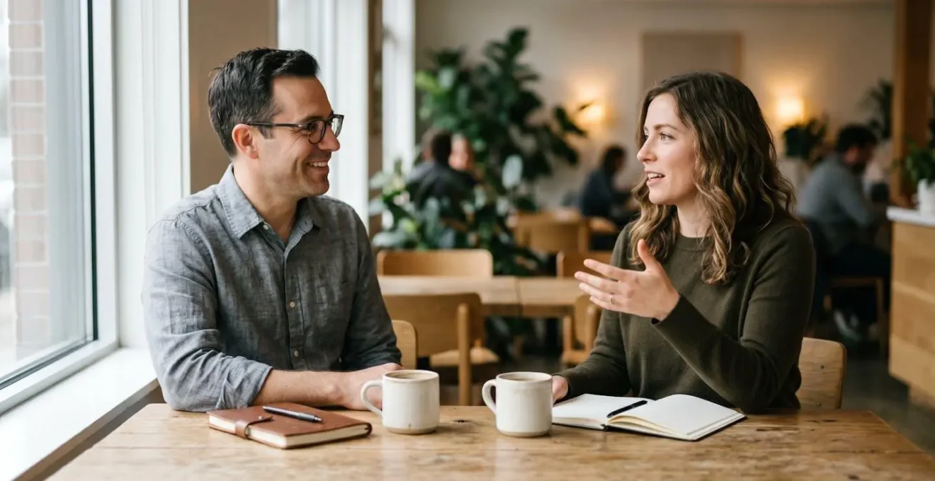 Two professionals engaged in a coffee meeting showcasing successful alumni networking