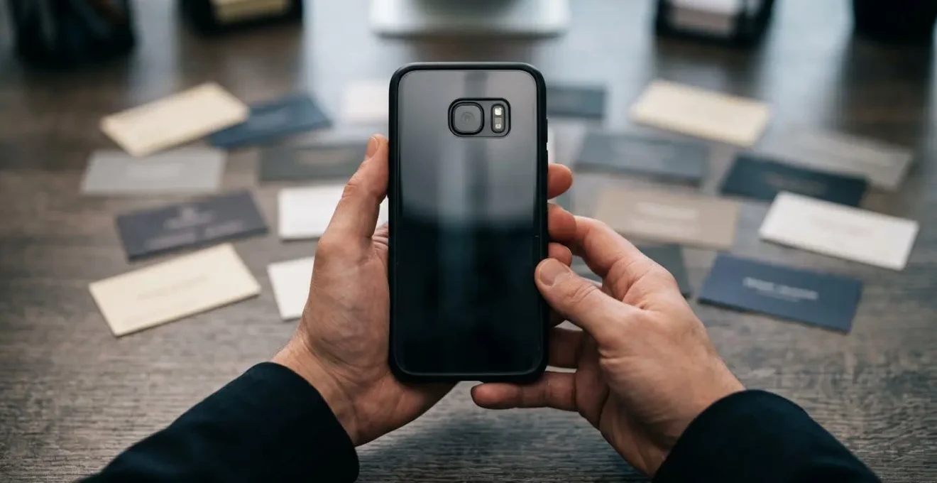 Hands holding a smartphone with a desk in the background showing blurred business cards, symbolizing a digital connection after a professional meeting.