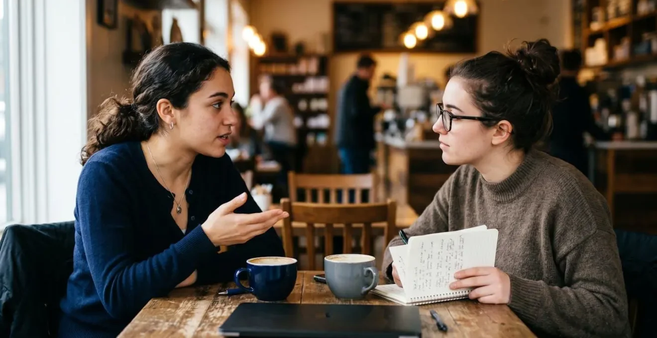 Two students conducting a formal interview across a coffee shop table with notebooks, representing a professional approach to roommate selection.