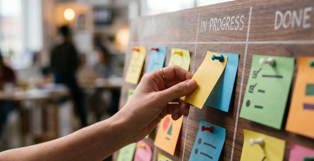 Student workspace showing physical kanban board with semester planning columns